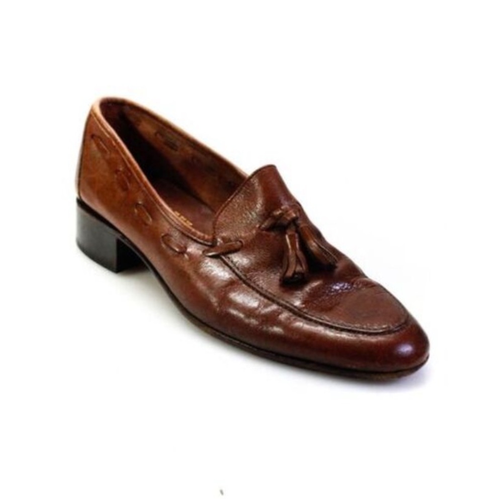 Vintage Bally Leather Tassel Accent Slip On Low Heeled Loafers Brown Size 9